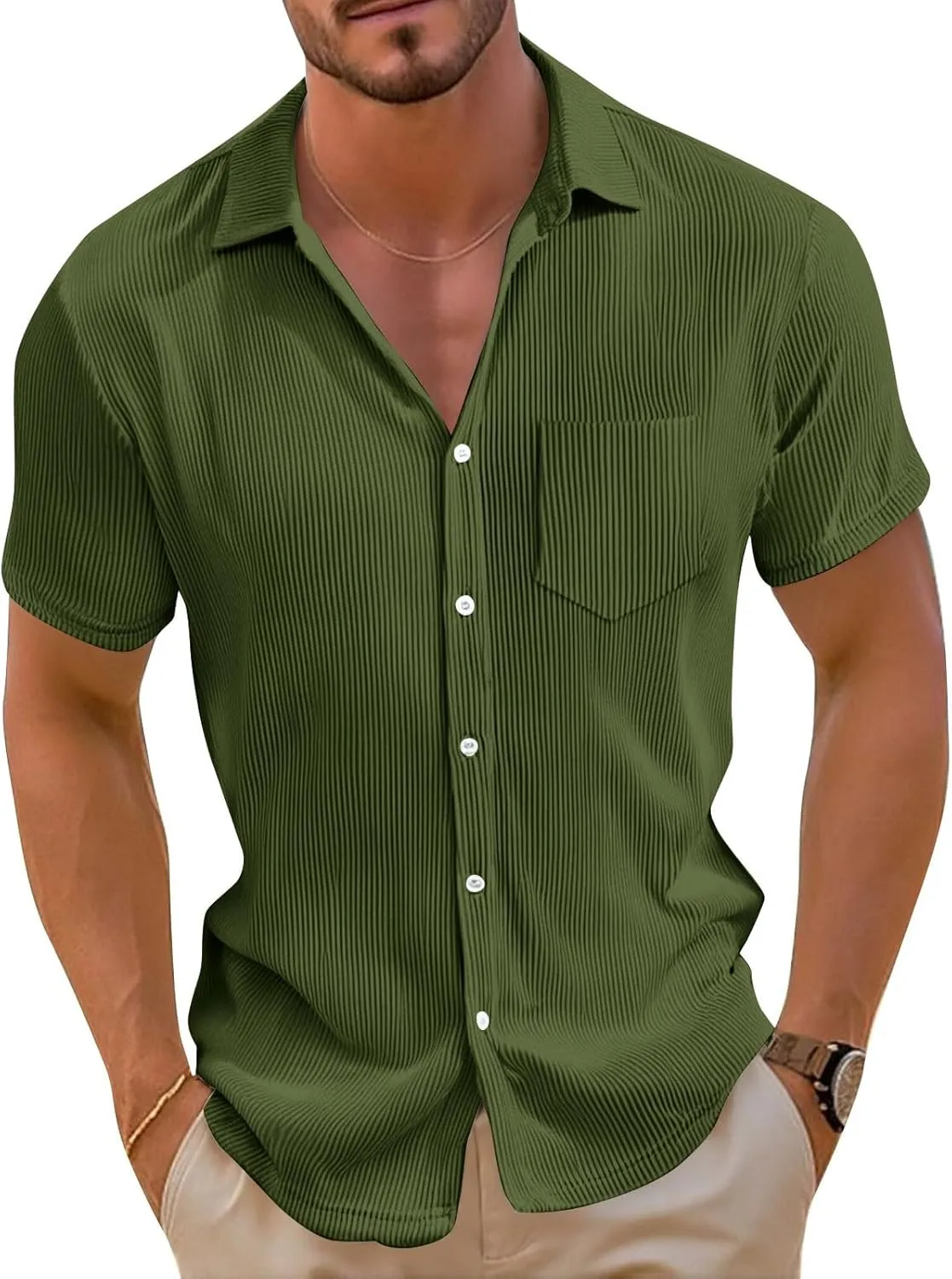 Short Sleeve Shirts for Men Summer Solid Formal Business Shirt Stretch Casual Button Down Dress Tshirts