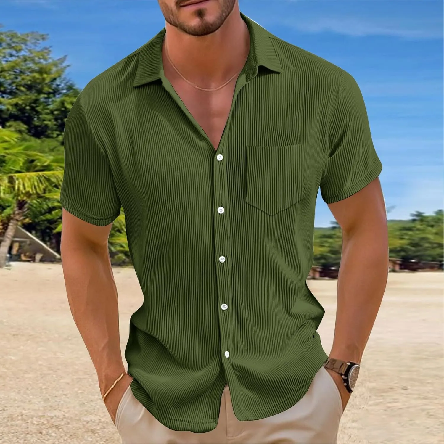 Short Sleeve Shirts for Men Summer Solid Formal Business Shirt Stretch Casual Button Down Dress Tshirts