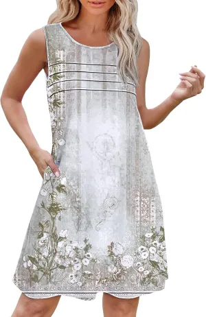 Short Summer Dress Womens with Pockets Summer Casual Tank Dress Sleeveless Midi Beach Dress Plus Size Linen Dress