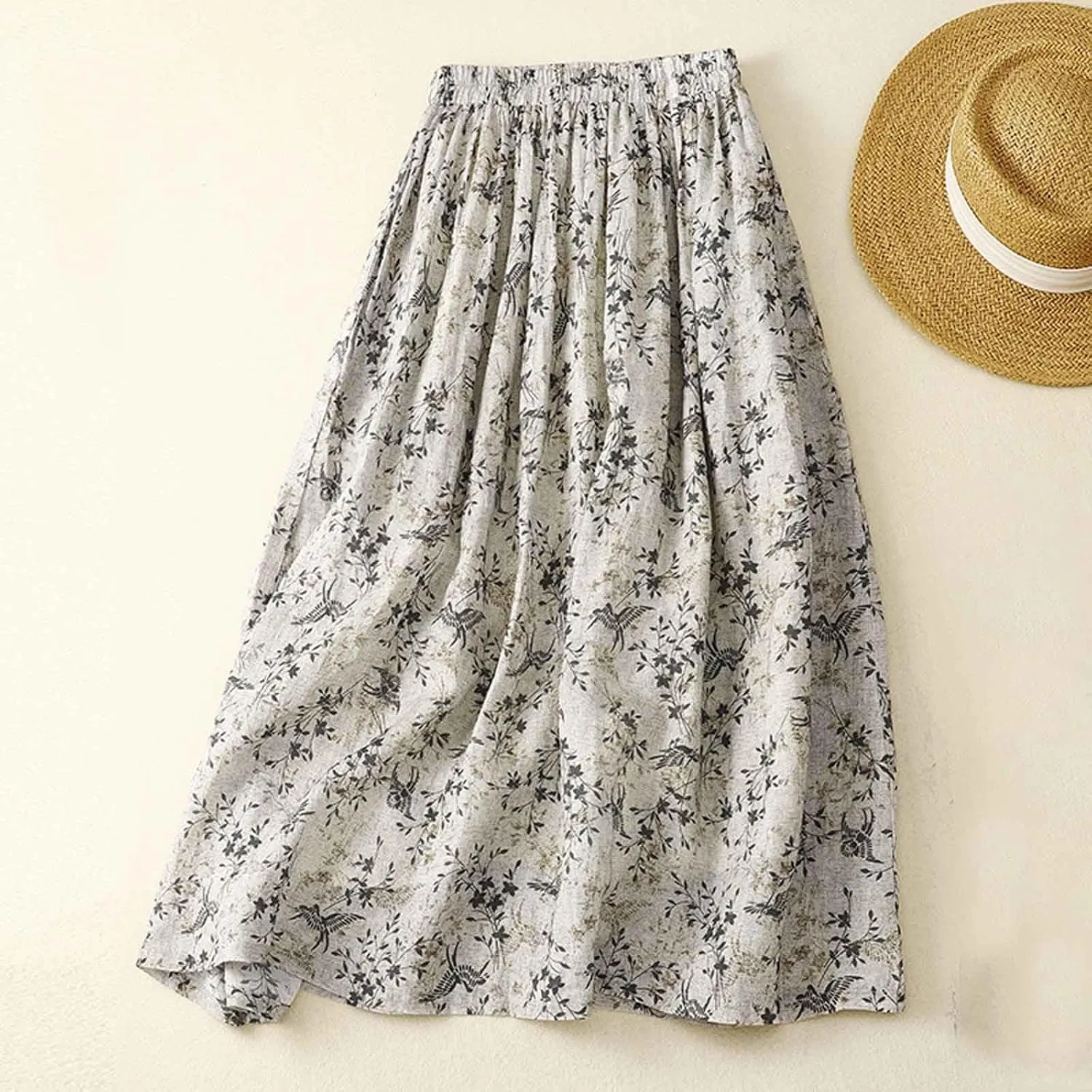 Skirt for Women Boho Floral Print Elastic Waist A-Line Flowy Long Skirt Summer Fall Casual Pleated Beach Outfit