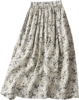 Skirt for Women Boho Floral Print Elastic Waist A-Line Flowy Long Skirt Summer Fall Casual Pleated Beach Outfit