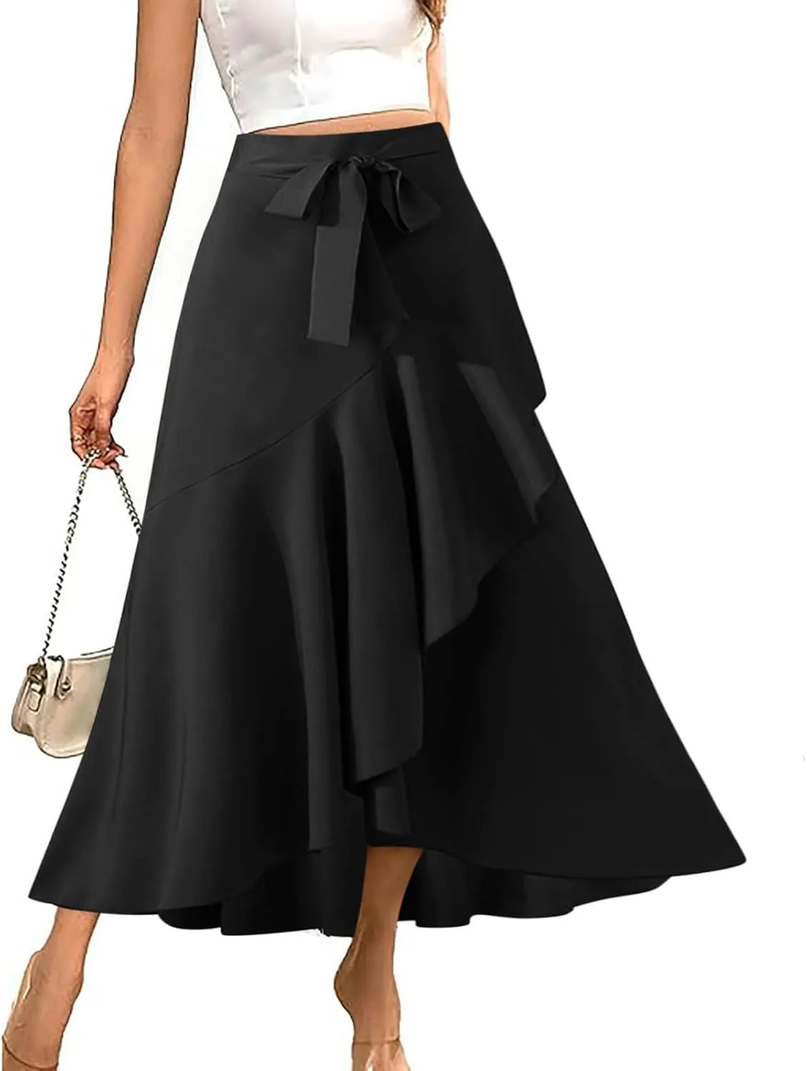 Skirts for Women Flowy High Waist Split Midi Skirts Tulle Ruffle Pleated A-Line Skirt Elegant Chiffon Long Skirt