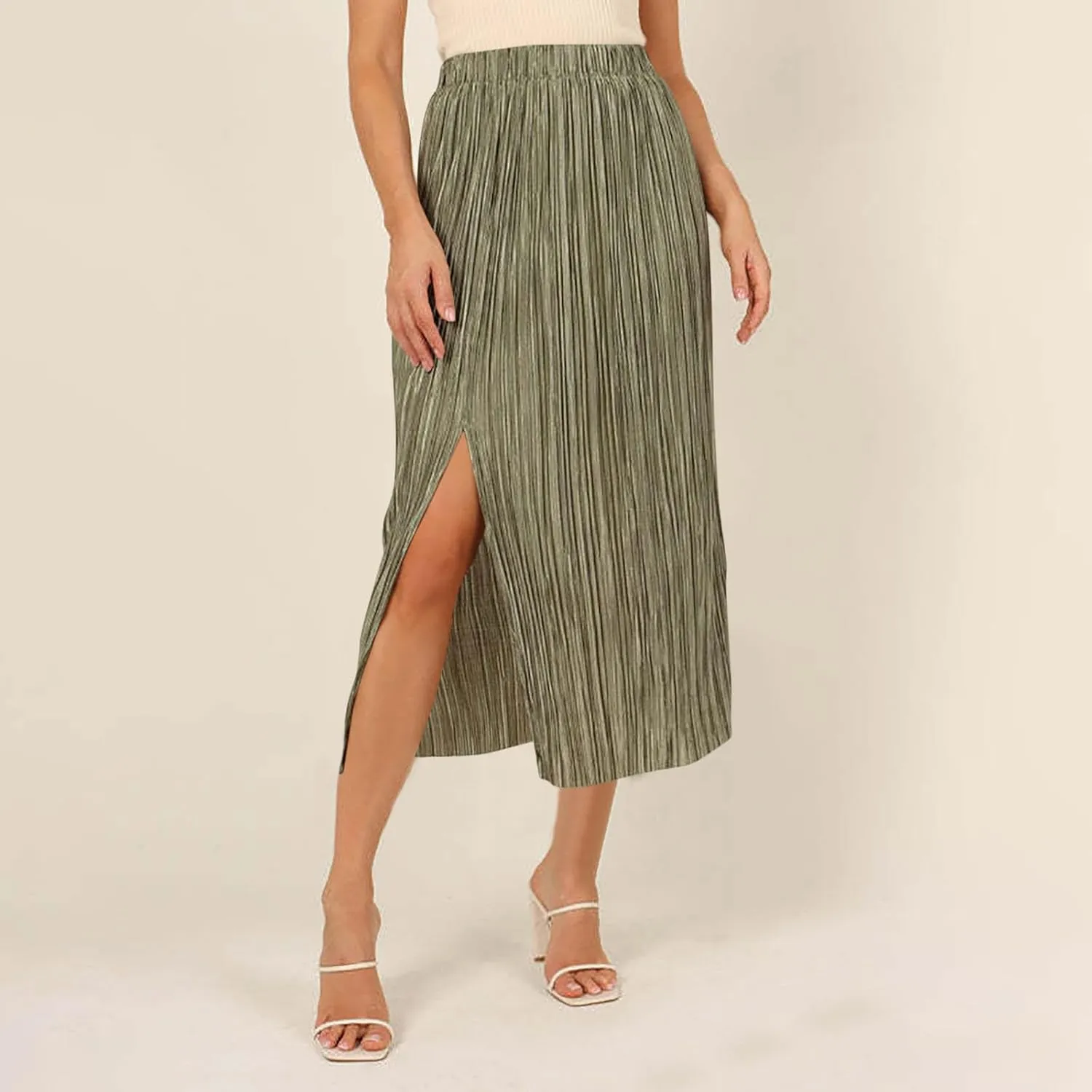 Skirts for Women Summer Boho Elegant Front Split Long Flowy Skirts Comfy Beach Elatic Waist Pleated A-Line Skirt
