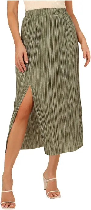 Skirts for Women Summer Boho Elegant Front Split Long Flowy Skirts Comfy Beach Elatic Waist Pleated A-Line Skirt