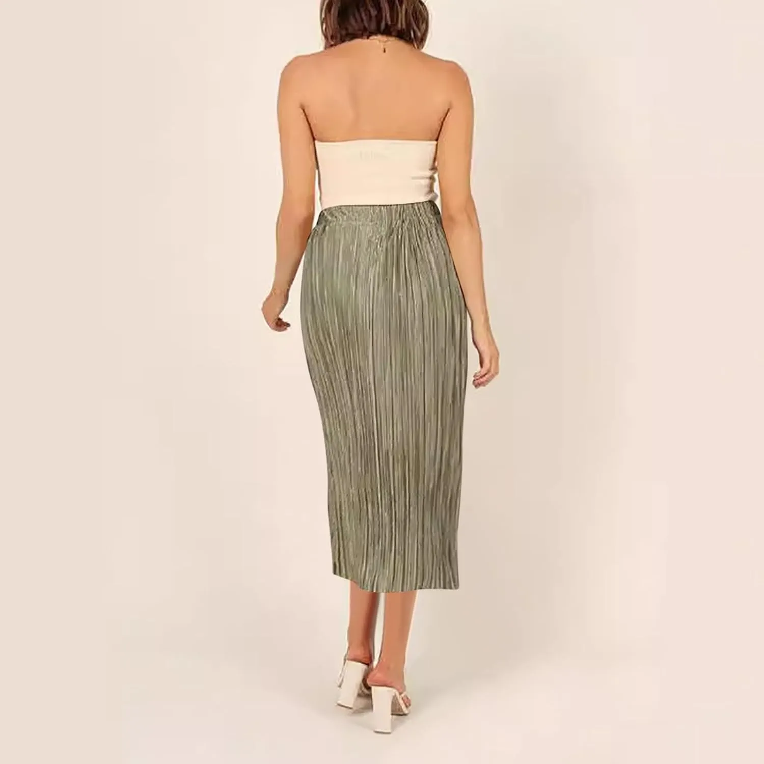 Skirts for Women Summer Boho Elegant Front Split Long Flowy Skirts Comfy Beach Elatic Waist Pleated A-Line Skirt