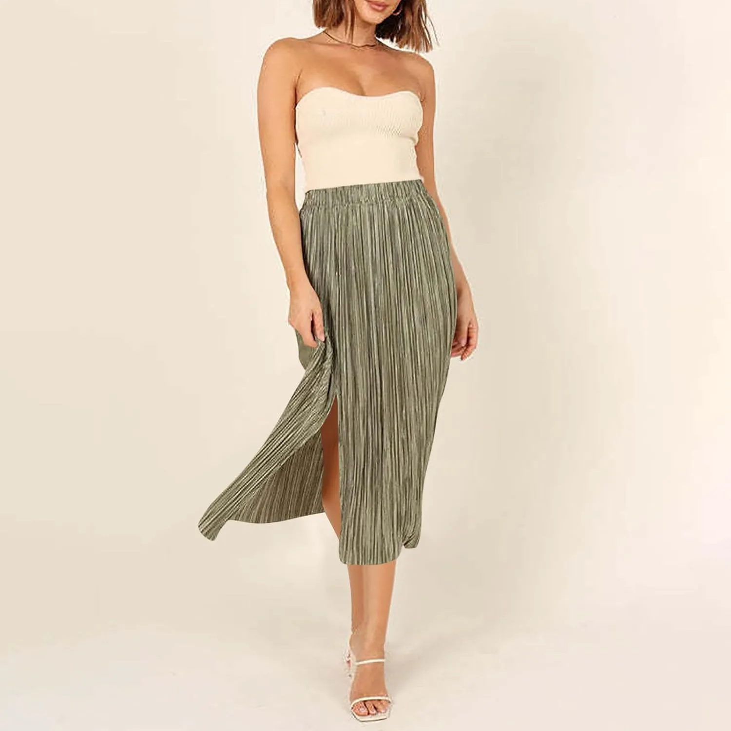Skirts for Women Summer Boho Elegant Front Split Long Flowy Skirts Comfy Beach Elatic Waist Pleated A-Line Skirt