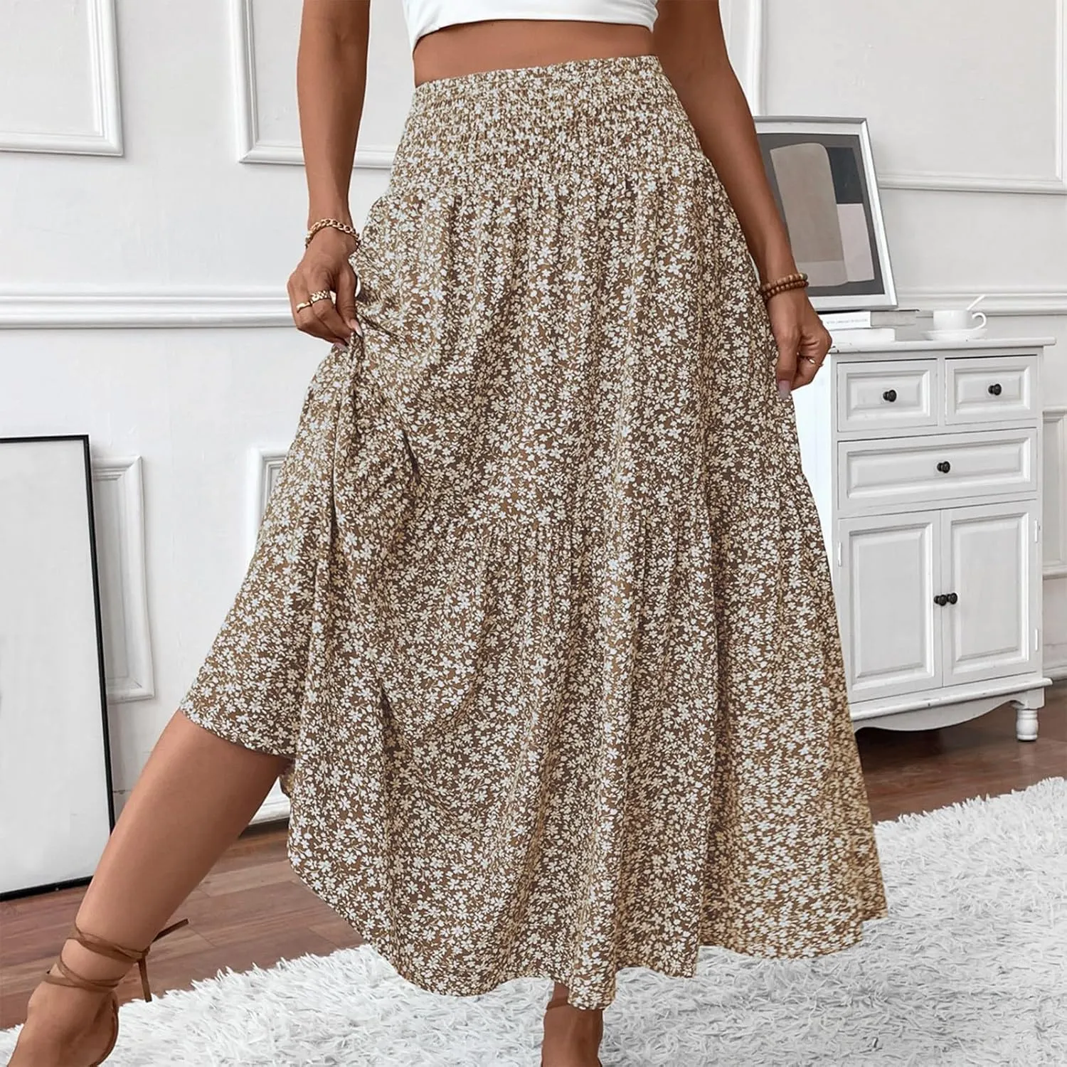Skirts for Women Summer Comfy High Elastic Waist Maxi Skirt Casual Trendy Flowy Ruffle Printed A Line Boho Cute Skirts