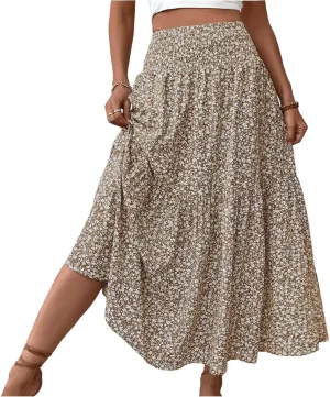 Skirts for Women Summer Comfy High Elastic Waist Maxi Skirt Casual Trendy Flowy Ruffle Printed A Line Boho Cute Skirts