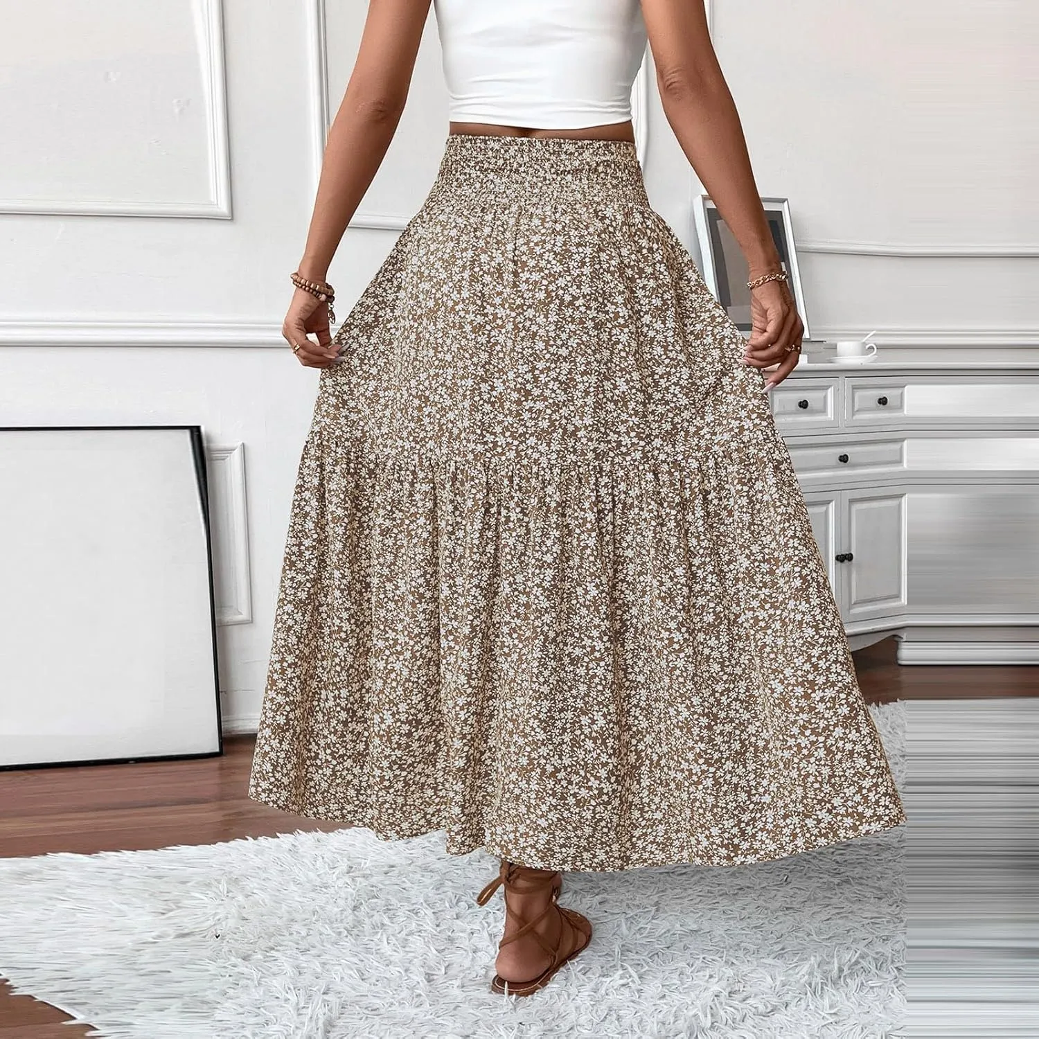 Skirts for Women Summer Comfy High Elastic Waist Maxi Skirt Casual Trendy Flowy Ruffle Printed A Line Boho Cute Skirts