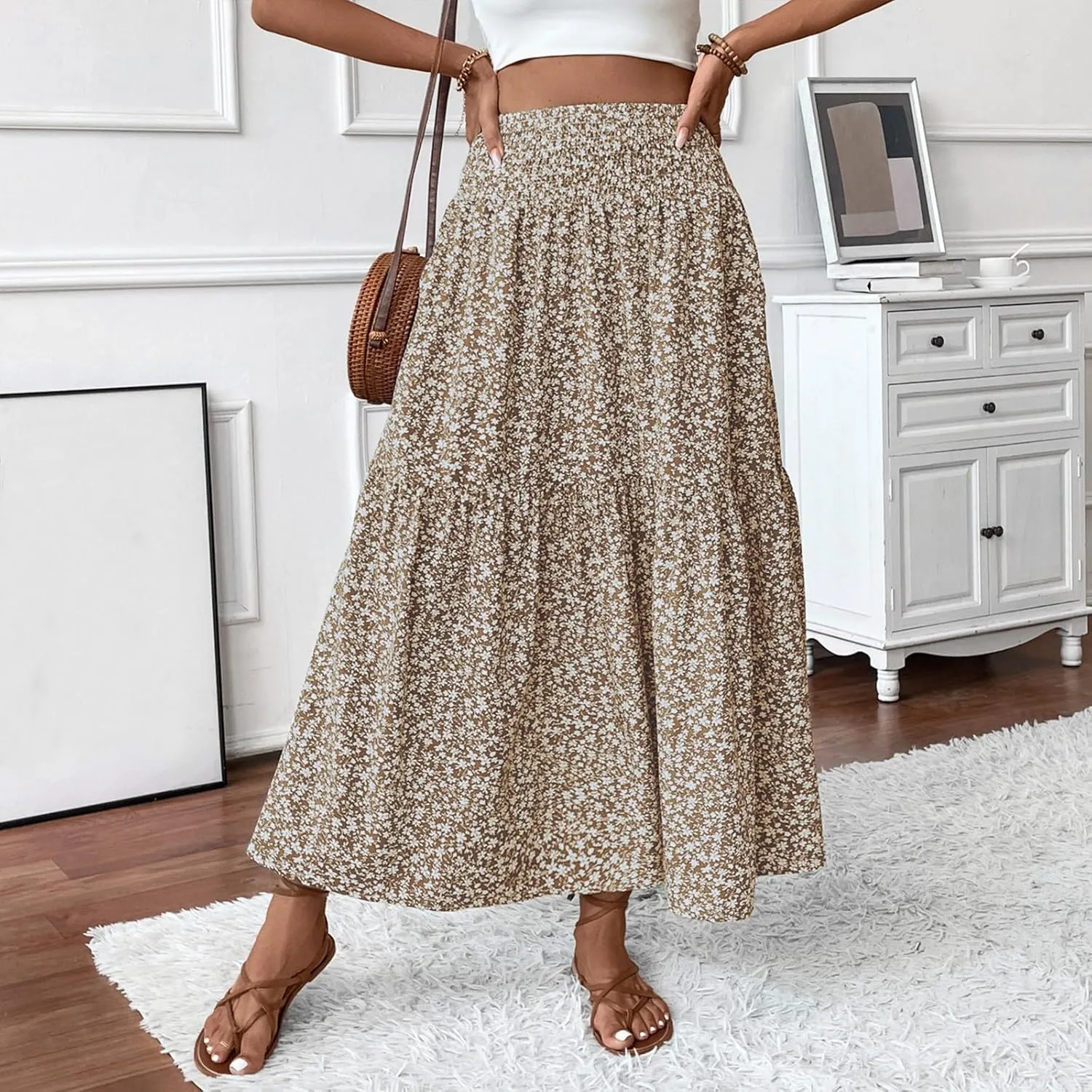 Skirts for Women Summer Comfy High Elastic Waist Maxi Skirt Casual Trendy Flowy Ruffle Printed A Line Boho Cute Skirts