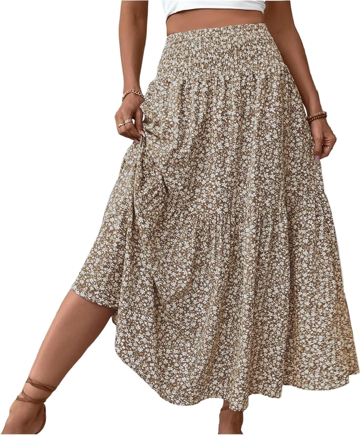 Skirts for Women Summer Comfy High Elastic Waist Maxi Skirt Casual Trendy Flowy Ruffle Printed A Line Boho Cute Skirts