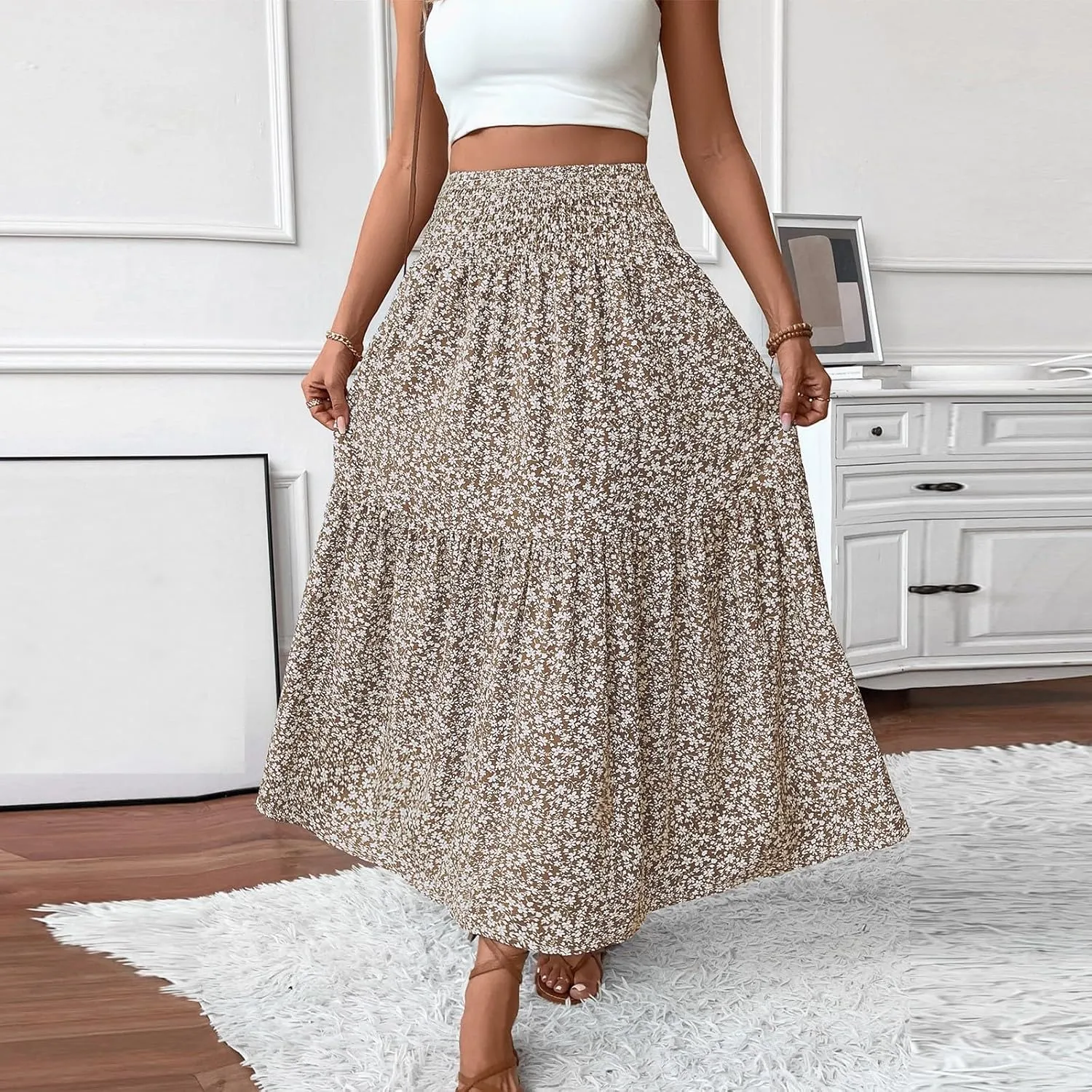 Skirts for Women Summer Comfy High Elastic Waist Maxi Skirt Casual Trendy Flowy Ruffle Printed A Line Boho Cute Skirts