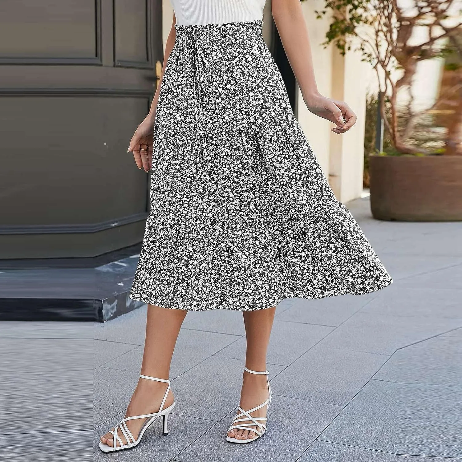 Skirts for Women Summer Flowy Tiered Elastic High Waisted Skirt Vacation A-Line Swing Long Floral Midi Skirts