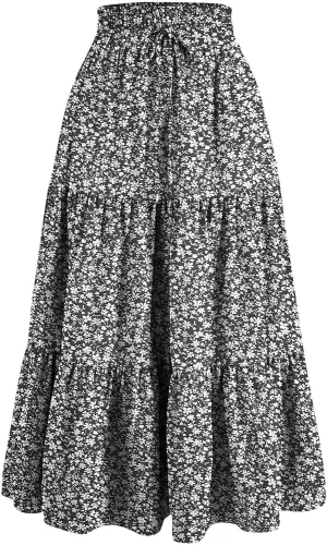 Skirts for Women Summer Flowy Tiered Elastic High Waisted Skirt Vacation A-Line Swing Long Floral Midi Skirts
