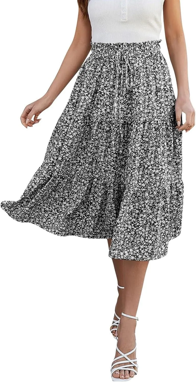 Skirts for Women Summer Flowy Tiered Elastic High Waisted Skirt Vacation A-Line Swing Long Floral Midi Skirts
