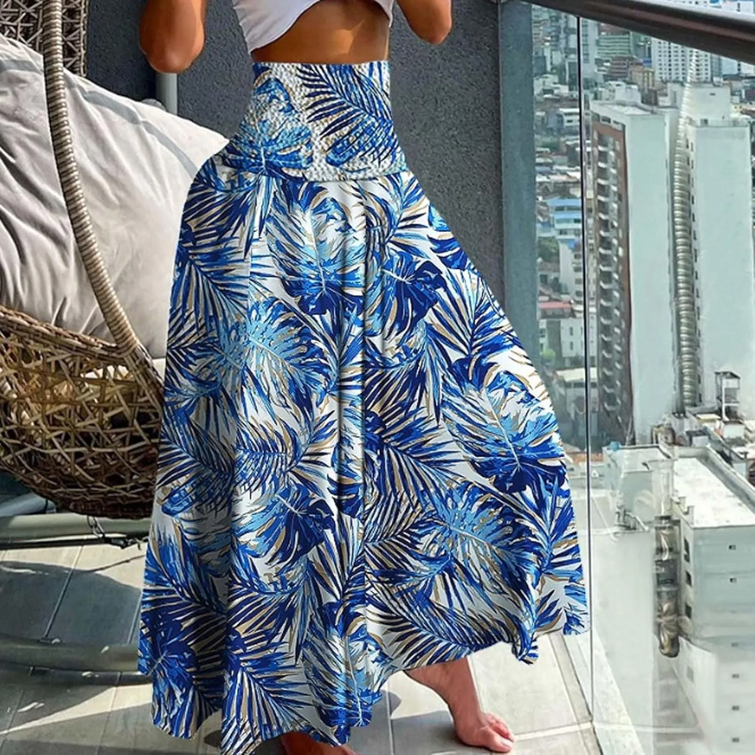 Skirts for Women Trendy Bohemian Summer High Elastic Waist Beach Floral Print A-Line Boha Skirts Vocation Streetwear