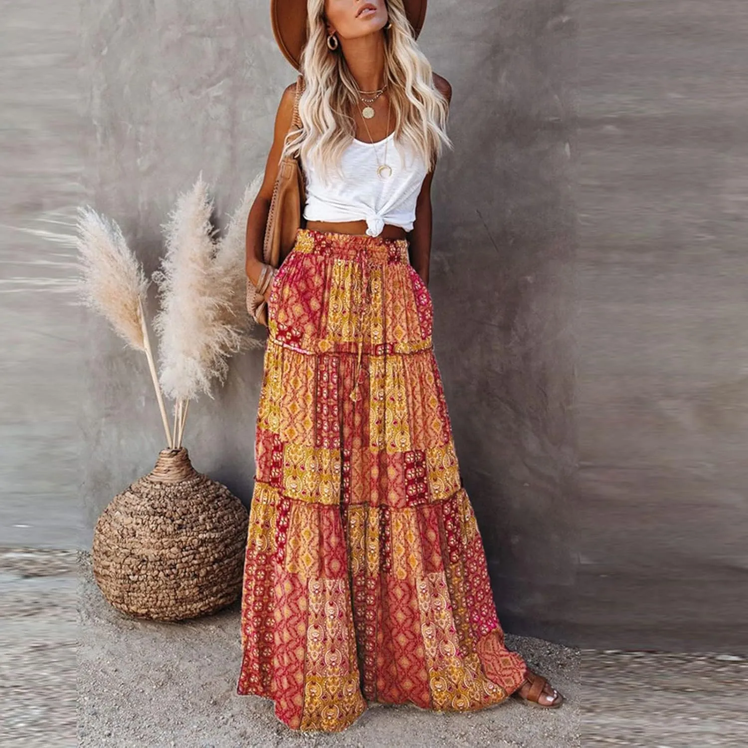 Skirts for Women,Elastic High Waisted Flowy Long Skirts 2025 Trendy Linen Womens Boho Maxi Skirt with Pockets