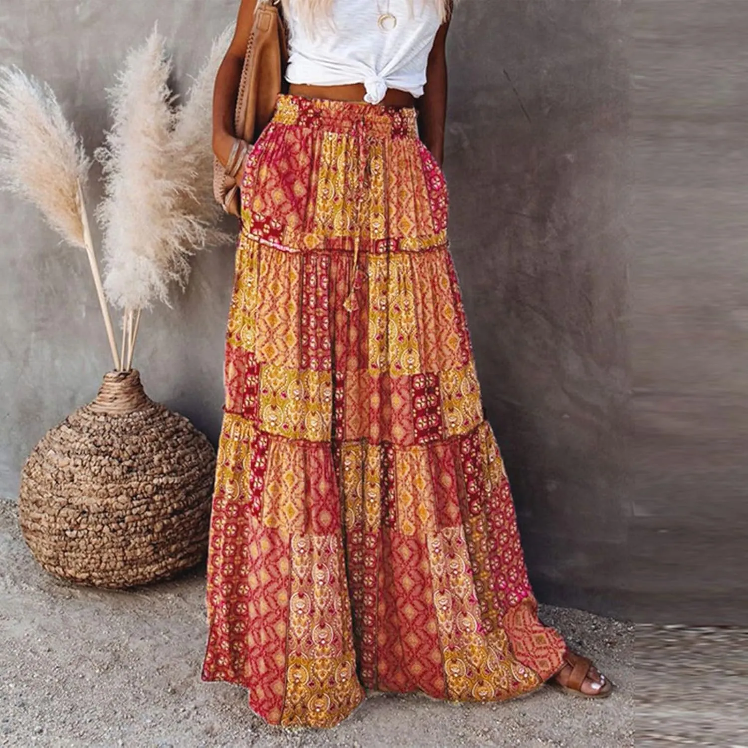 Skirts for Women,Elastic High Waisted Flowy Long Skirts 2025 Trendy Linen Womens Boho Maxi Skirt with Pockets