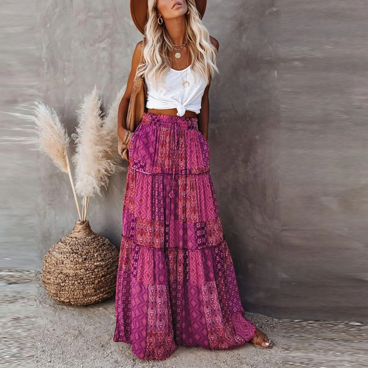 Skirts for Women,Flowy Long Skirts 2025 Pleated Womens Boho Maxi Skirt with Pockets Elastic High Waisted Summer