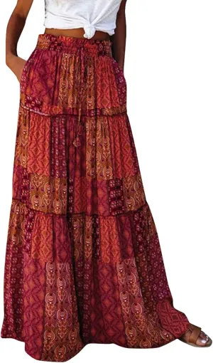 Skirts for Women,Flowy Long Skirts 2025 Pleated Womens Boho Maxi Skirt with Pockets Elastic High Waisted Summer