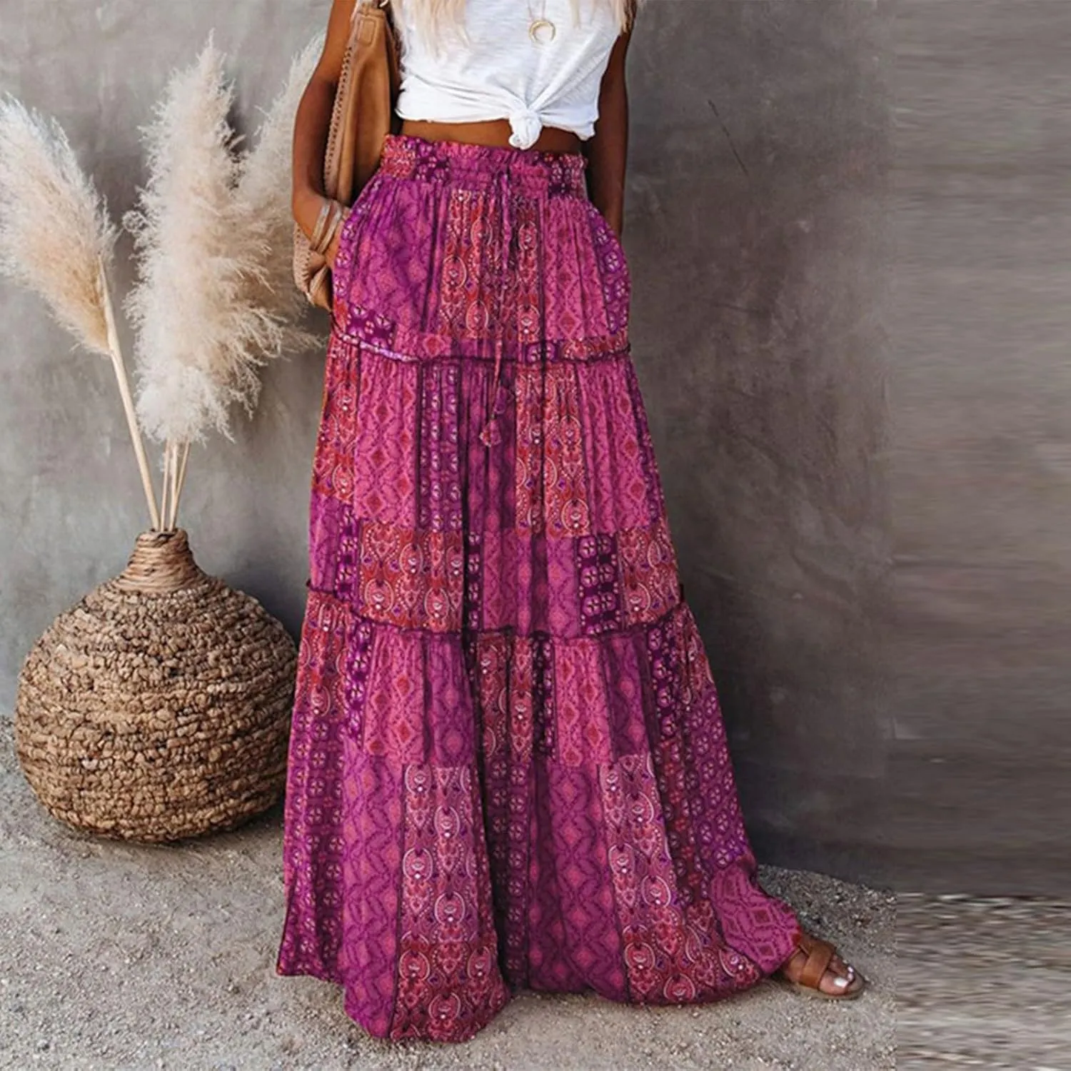 Skirts for Women,Flowy Long Skirts 2025 Pleated Womens Boho Maxi Skirt with Pockets Elastic High Waisted Summer