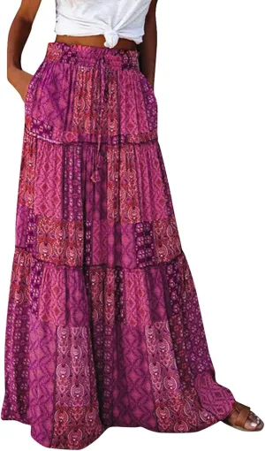 Skirts for Women,Flowy Long Skirts 2025 Pleated Womens Boho Maxi Skirt with Pockets Elastic High Waisted Summer