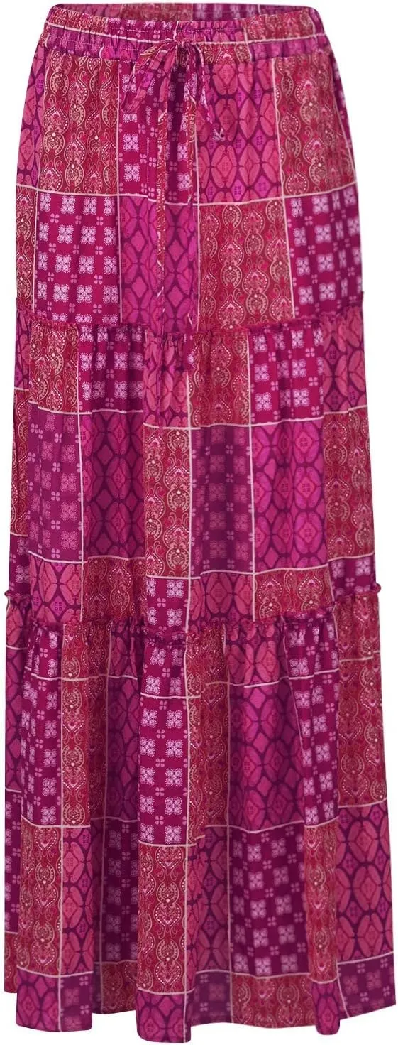 Skirts for Women,Flowy Long Skirts 2025 Pleated Womens Boho Maxi Skirt with Pockets Elastic High Waisted Summer