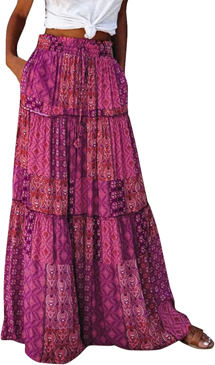 Skirts for Women,Flowy Long Skirts 2025 Pleated Womens Boho Maxi Skirt with Pockets Elastic High Waisted Summer