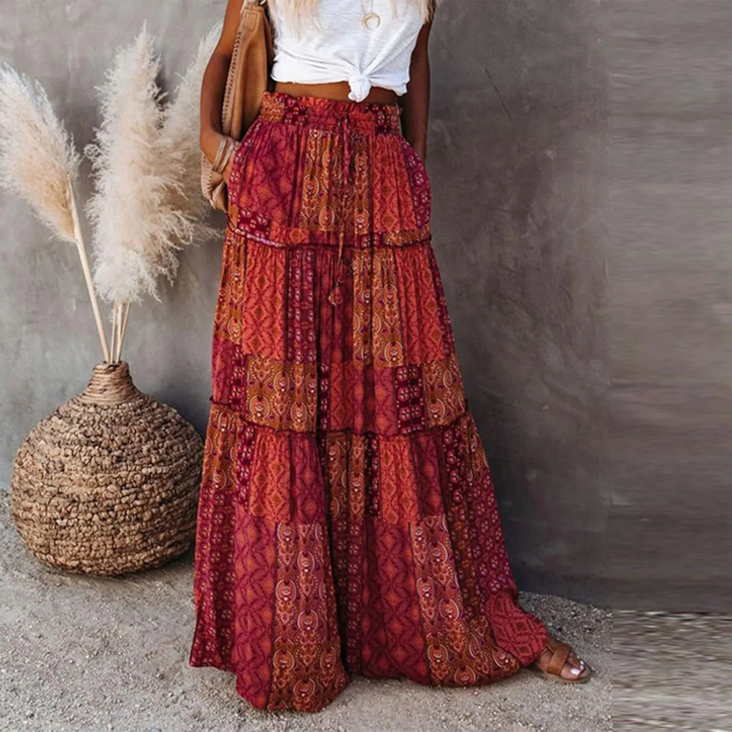 Skirts for Women,Flowy Long Skirts 2025 Pleated Womens Boho Maxi Skirt with Pockets Elastic High Waisted Summer
