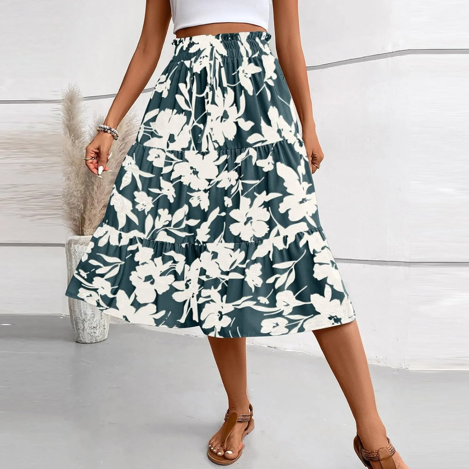 Skirts for Women,Womens Boho Maxi Skirt with Pockets Elastic High Waisted Trendy Flowy Long Skirts 2025 Linen