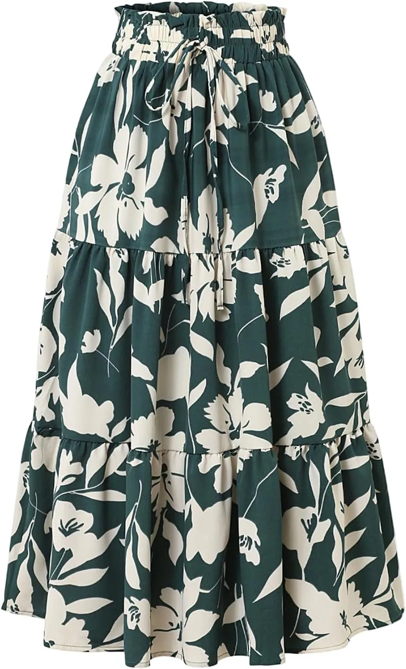 Skirts for Women,Womens Boho Maxi Skirt with Pockets Elastic High Waisted Trendy Flowy Long Skirts 2025 Linen