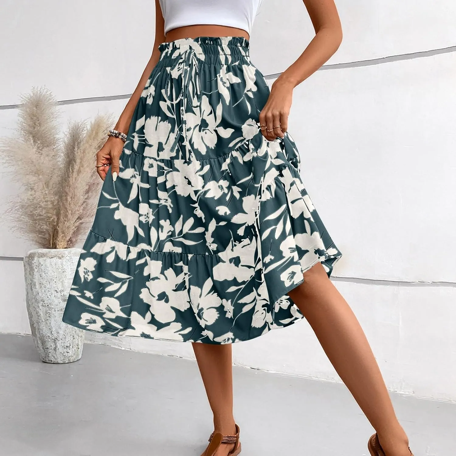 Skirts for Women,Womens Boho Maxi Skirt with Pockets Elastic High Waisted Trendy Flowy Long Skirts 2025 Linen