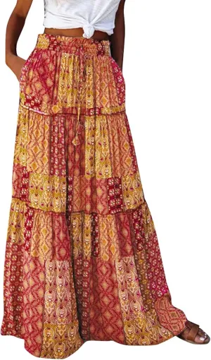 Skirts for Women,Womens Boho Maxi Skirt with Pockets Linen Flowy Long Skirts 2025 Elastic High Waisted Trendy