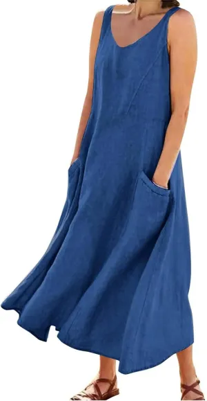 Sleeveless A-Line Dress Women's Summer Casual Sleeveless Long Maxi Beach Dress Cotton Knit Dress Women's Cotton