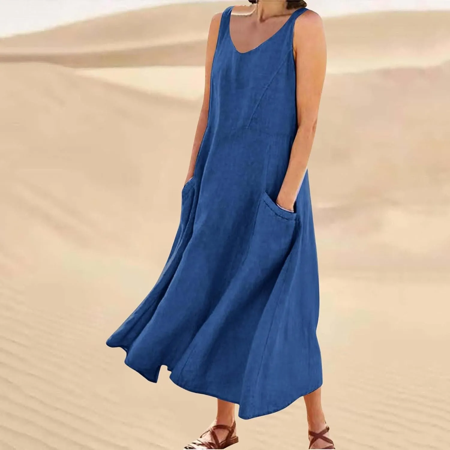 Sleeveless A-Line Dress Women's Summer Casual Sleeveless Long Maxi Beach Dress Cotton Knit Dress Women's Cotton