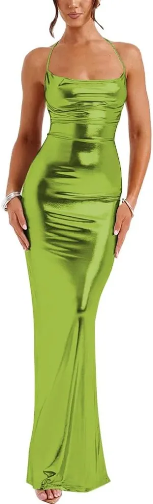 Slip Halter Maxi Dress Wrap HIPS Bodycon Ankle-Length Sleeveless Dress Shiny Metallic