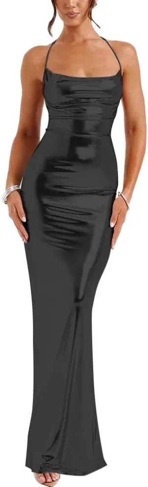 Slip Halter Maxi Dress Wrap HIPS Bodycon Ankle-Length Sleeveless Dress Shiny Metallic