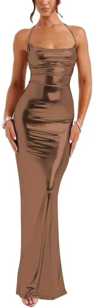 Slip Halter Maxi Dress Wrap HIPS Bodycon Ankle-Length Sleeveless Dress Shiny Metallic