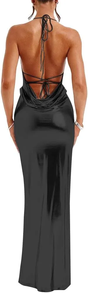 Slip Halter Maxi Dress Wrap HIPS Bodycon Ankle-Length Sleeveless Dress Shiny Metallic