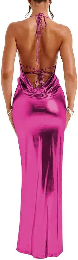 Slip Halter Maxi Dress Wrap HIPS Bodycon Ankle-Length Sleeveless Dress Shiny Metallic