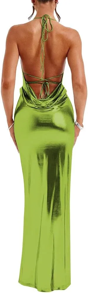 Slip Halter Maxi Dress Wrap HIPS Bodycon Ankle-Length Sleeveless Dress Shiny Metallic