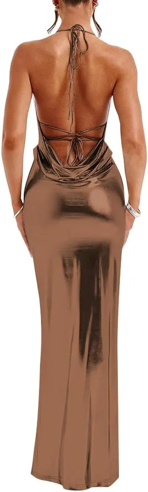 Slip Halter Maxi Dress Wrap HIPS Bodycon Ankle-Length Sleeveless Dress Shiny Metallic