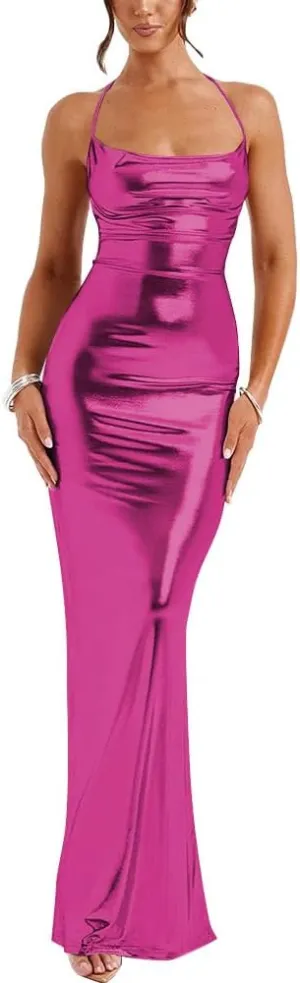 Slip Halter Maxi Dress Wrap HIPS Bodycon Ankle-Length Sleeveless Dress Shiny Metallic