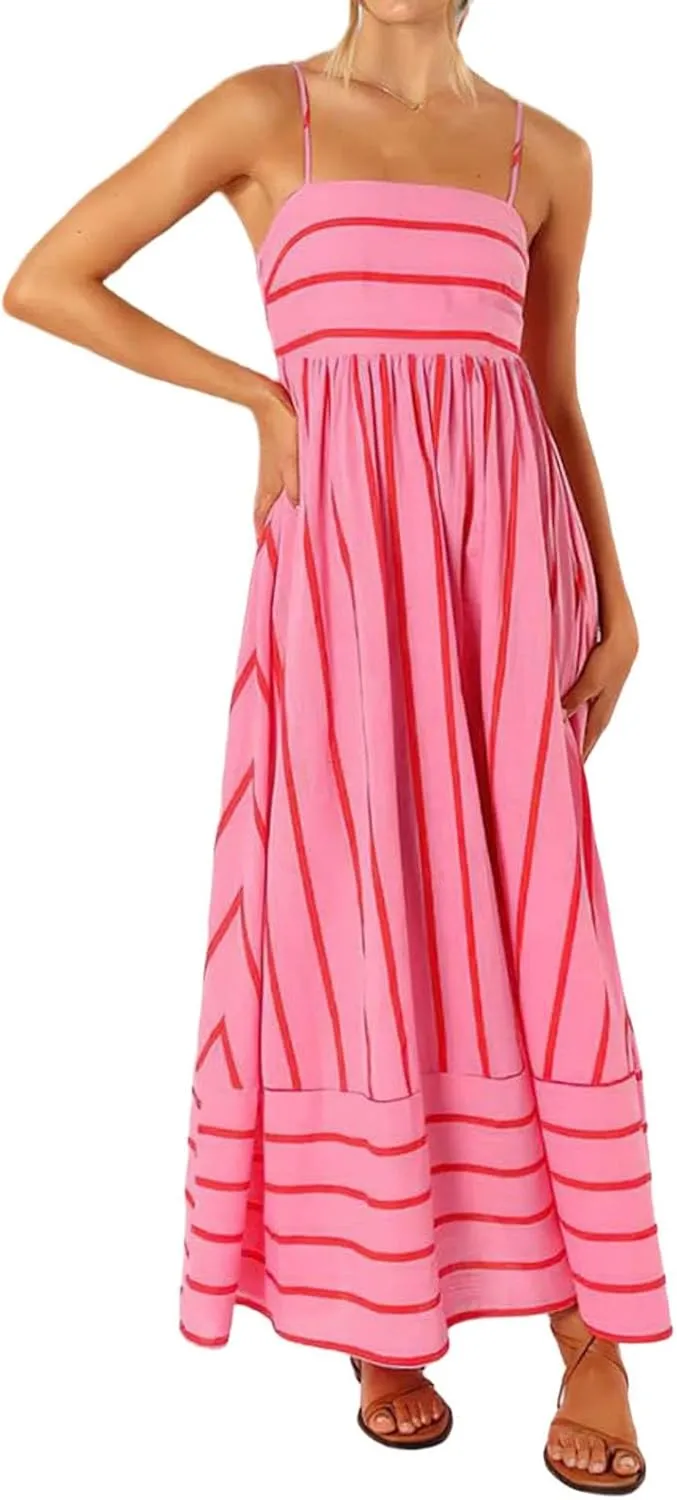 Smocked Dress Women Midi Striped Summer Maxi Dresses Sexy Spaghetti Strap Sleeveless Flowy Swing Boho Cutout Beach