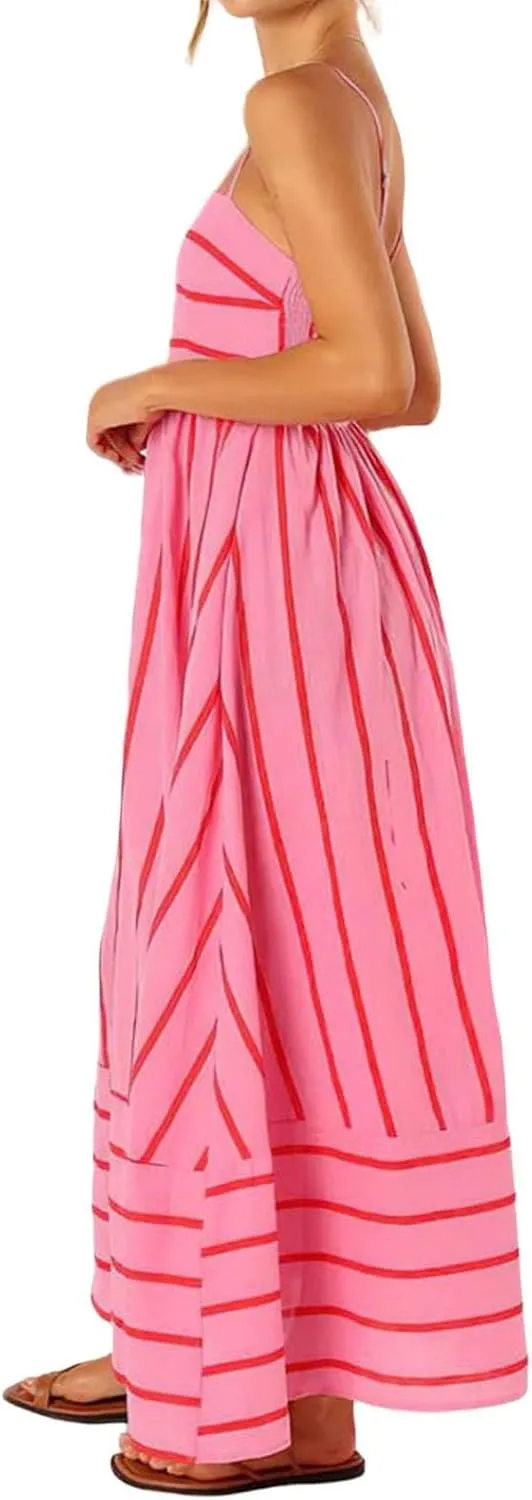 Smocked Dress Women Midi Striped Summer Maxi Dresses Sexy Spaghetti Strap Sleeveless Flowy Swing Boho Cutout Beach