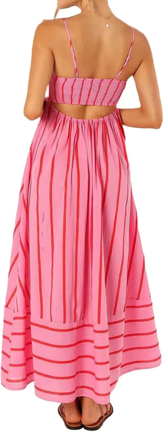 Smocked Dress Women Midi Striped Summer Maxi Dresses Sexy Spaghetti Strap Sleeveless Flowy Swing Boho Cutout Beach