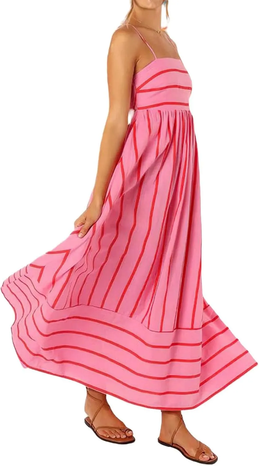 Smocked Dress Women Midi Striped Summer Maxi Dresses Sexy Spaghetti Strap Sleeveless Flowy Swing Boho Cutout Beach