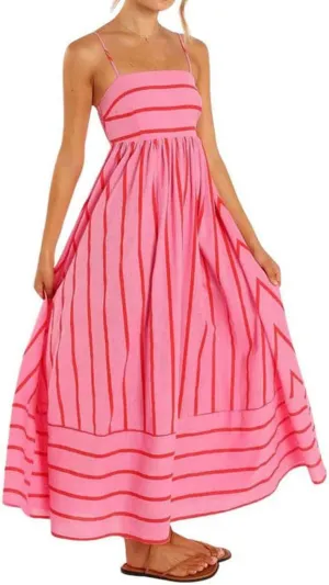 Smocked Dress Women Midi Striped Summer Maxi Dresses Sexy Spaghetti Strap Sleeveless Flowy Swing Boho Cutout Beach