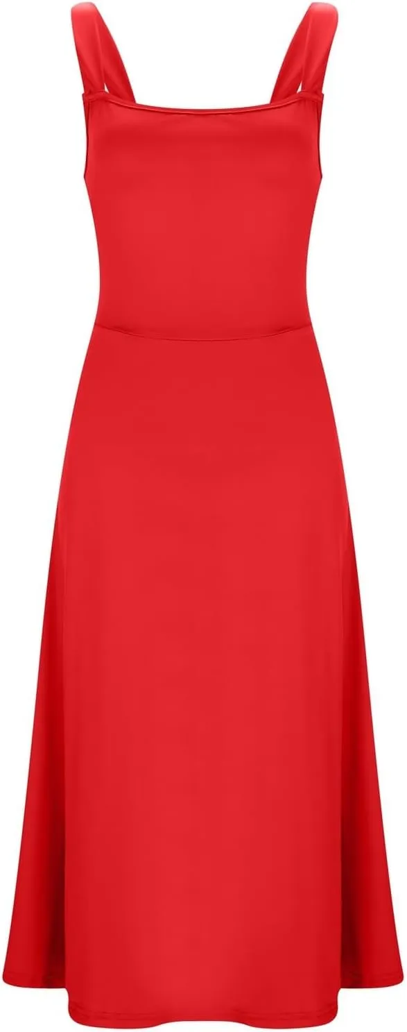 Spring Dress for Women 2025, Square Neck Midi Dress for Women Summer Casual Sleeveless Drawstring Sundress Flare Tank Dress