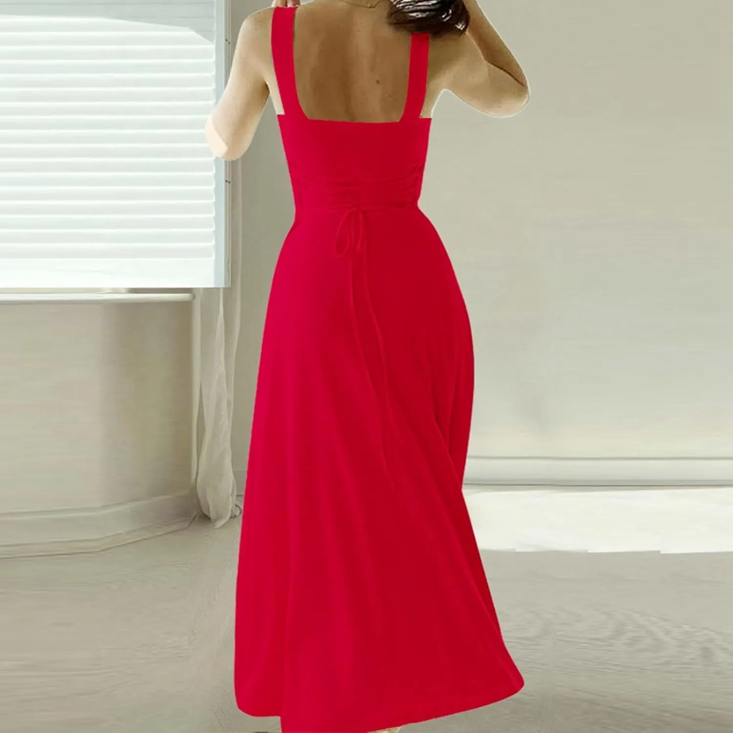 Spring Dress for Women 2025, Square Neck Midi Dress for Women Summer Casual Sleeveless Drawstring Sundress Flare Tank Dress